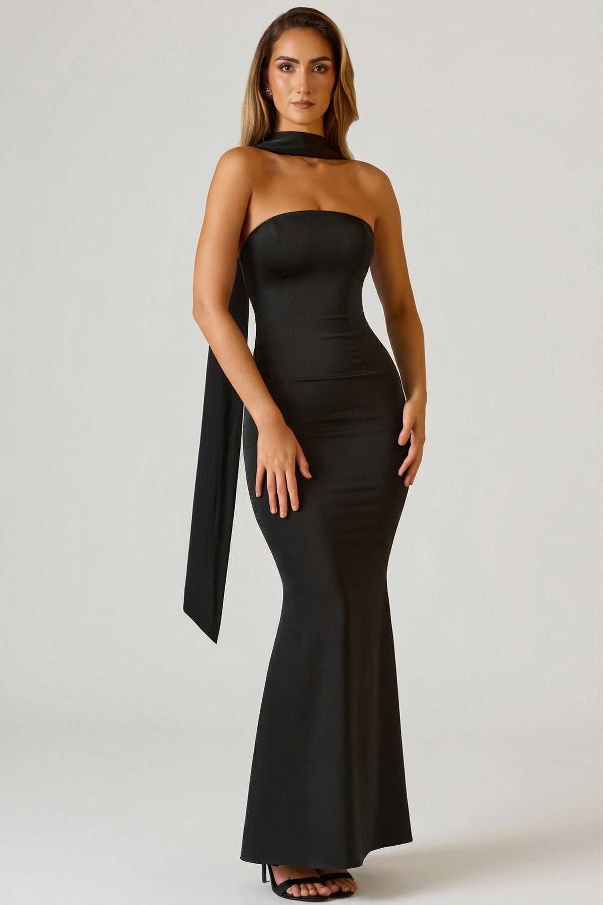 Scarf-Detail Strapless Gown in Black – view 6