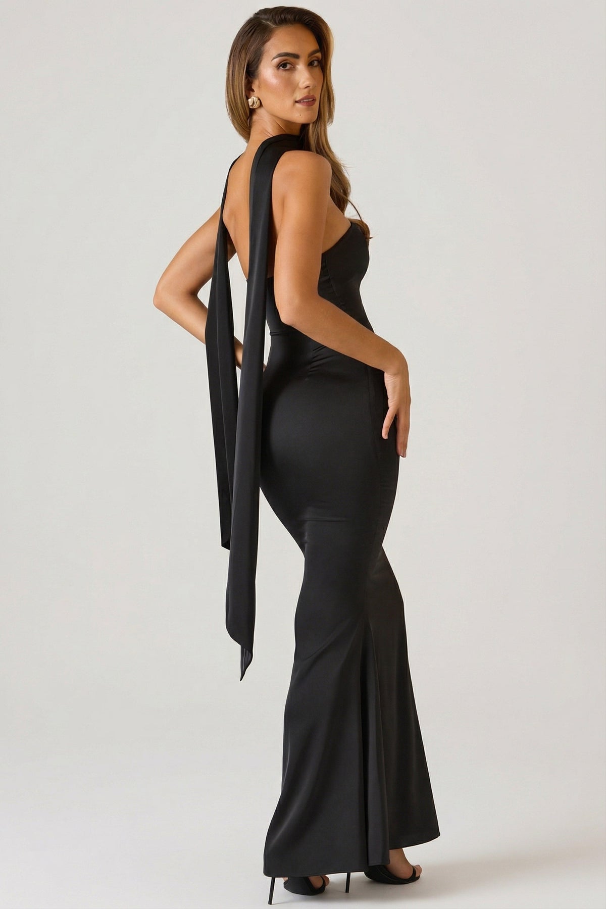 Scarf-Detail Strapless Gown in Black – view 7