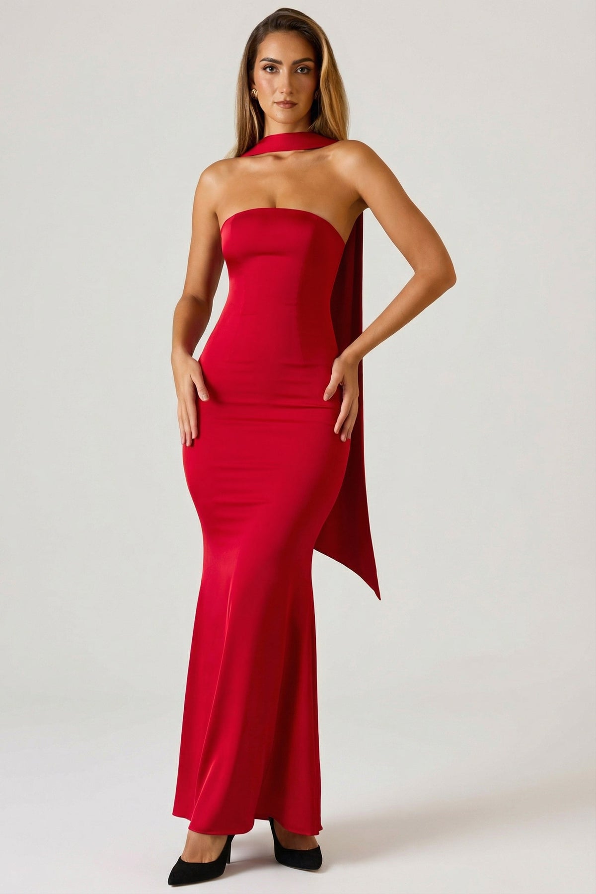 Scarf-Detail Strapless Gown in Scarlet Red – view 7