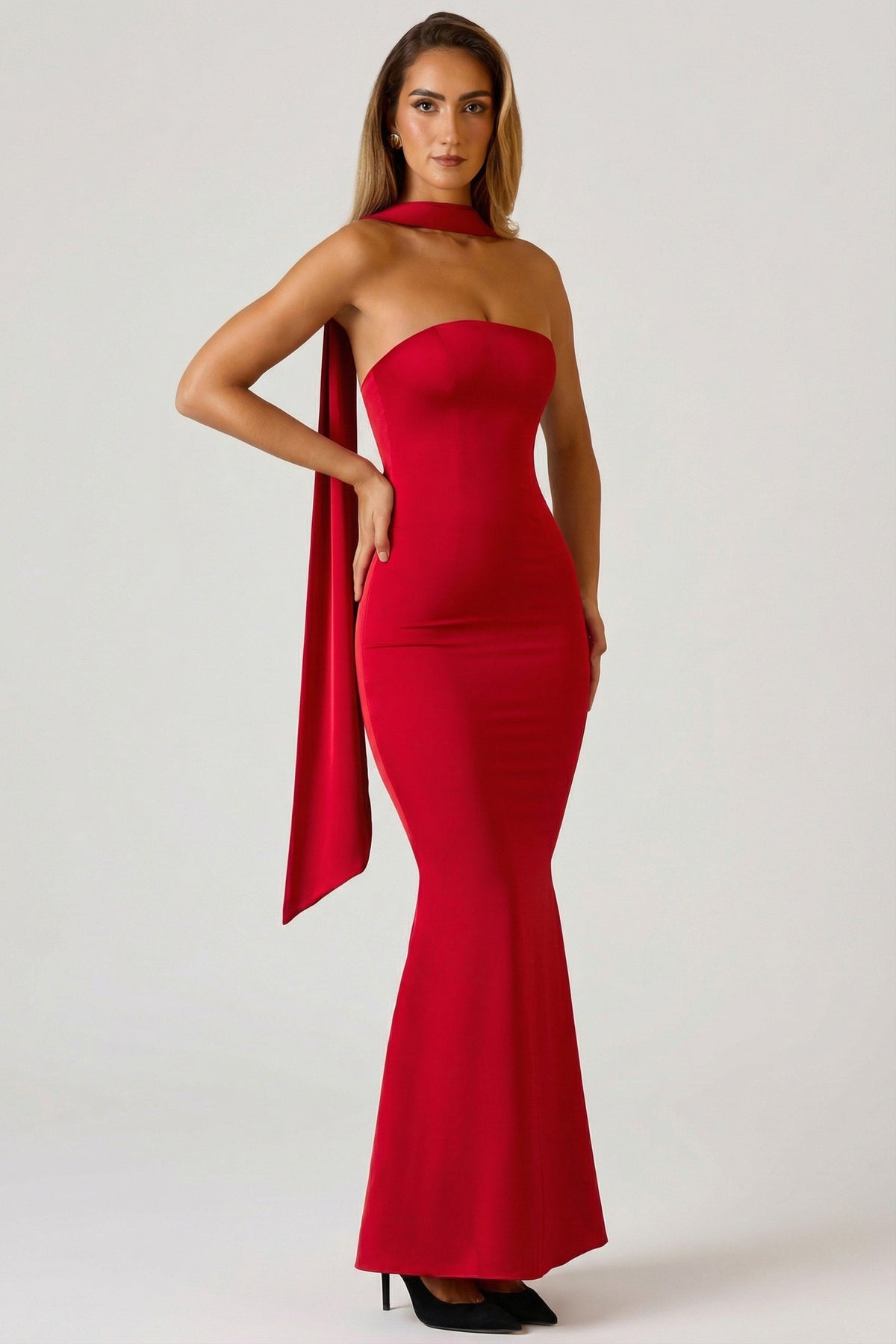 Scarf-Detail Strapless Gown in Scarlet Red – view 5