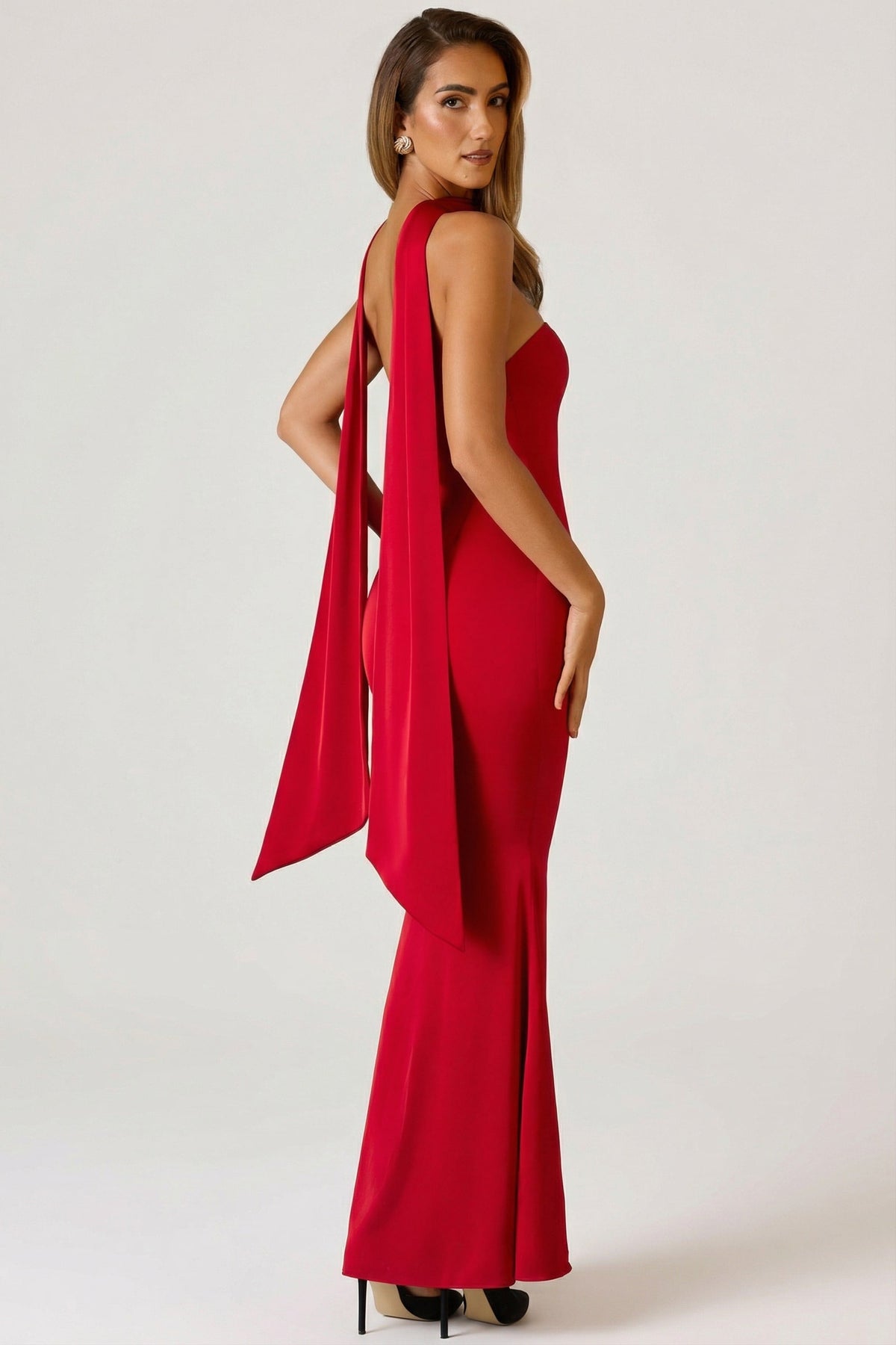 Scarf-Detail Strapless Gown in Scarlet Red – view 6