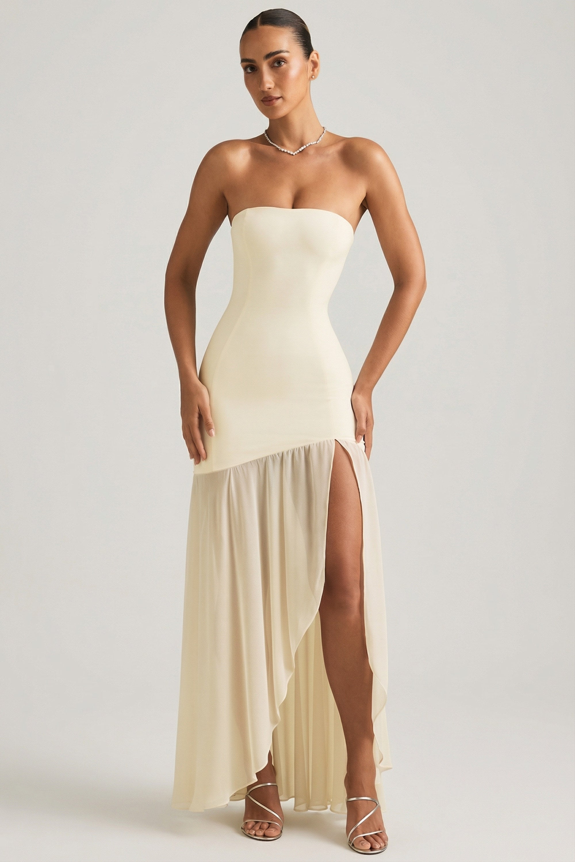 Asymmetric Strapless Fishtail Maxi Dress in Ivory