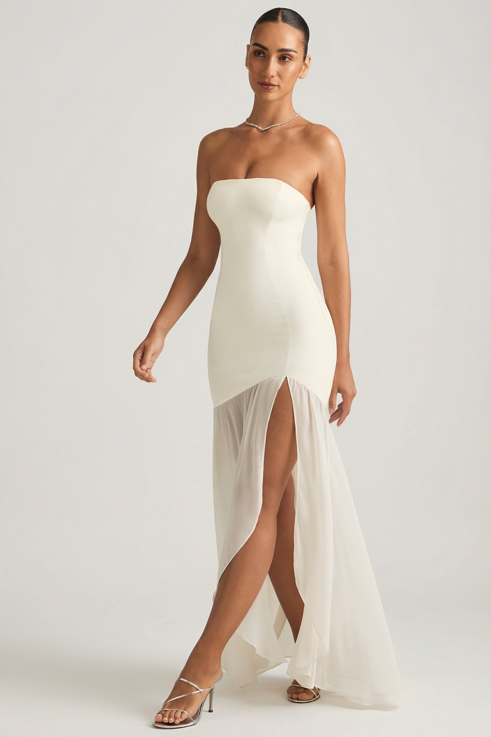 Asymmetric Strapless Fishtail Maxi Dress in Ivory