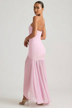 Asymmetric Strapless Fishtail Maxi Dress in Soft Pink