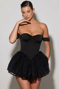 Off-Shoulder Layered Corset Micro Mini Dress in Black – view 1