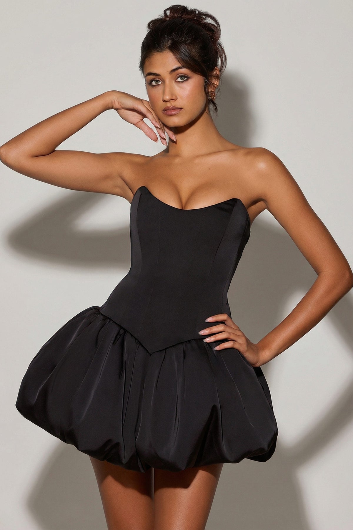 Lace-Up Bubble Hem Corset Micro Mini Dress in Black – view 1