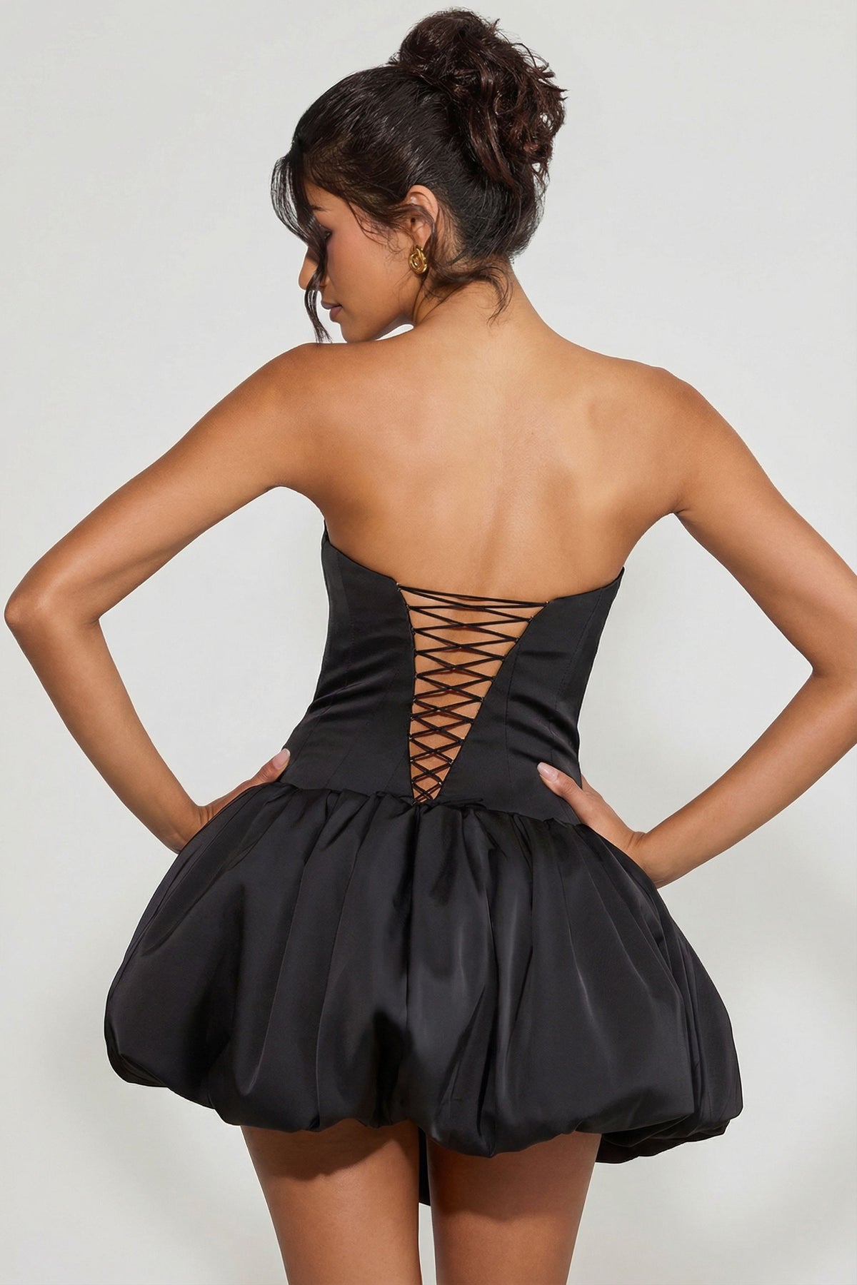 Lace-Up Bubble Hem Corset Micro Mini Dress in Black – view 6