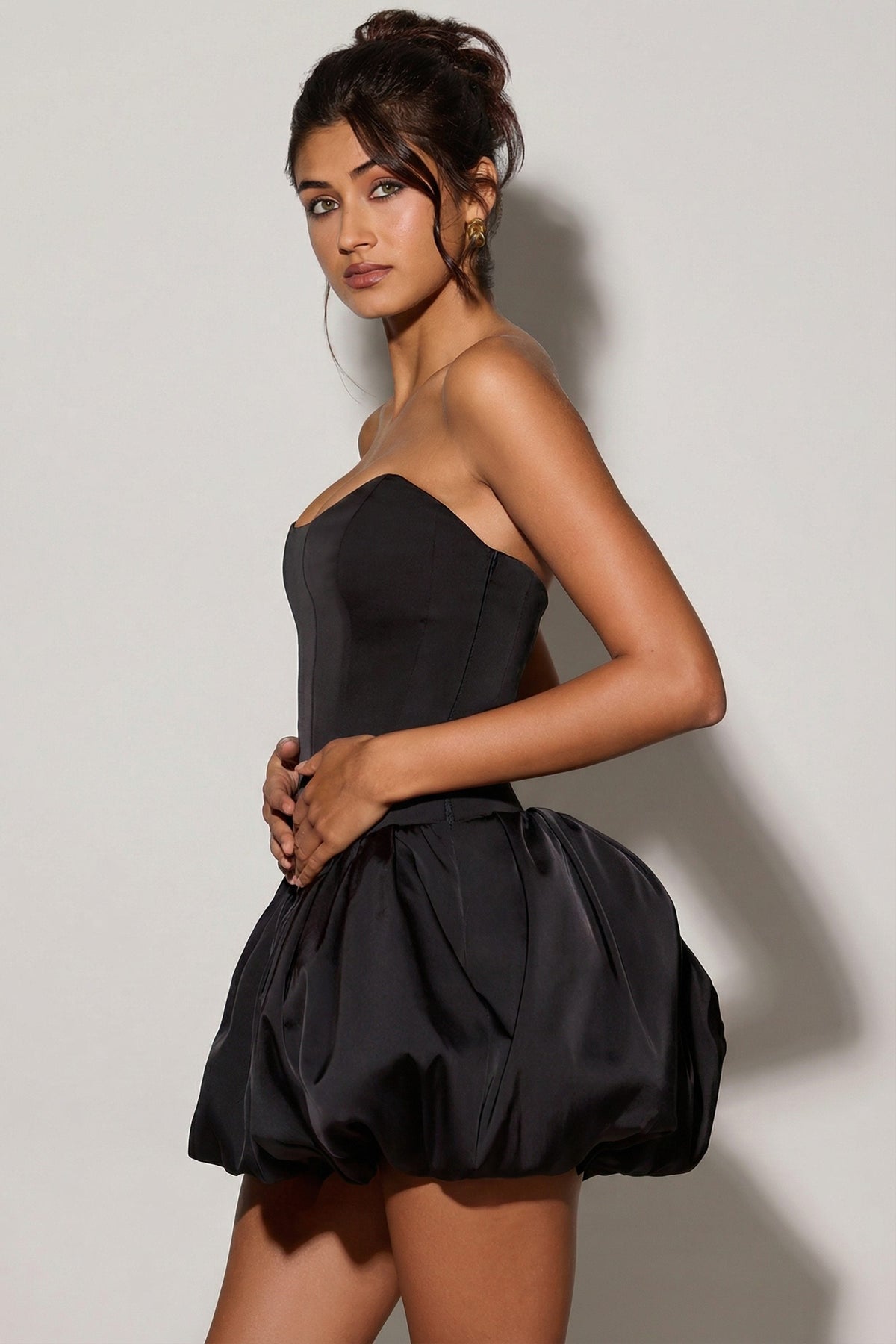 Lace-Up Bubble Hem Corset Micro Mini Dress in Black – view 3