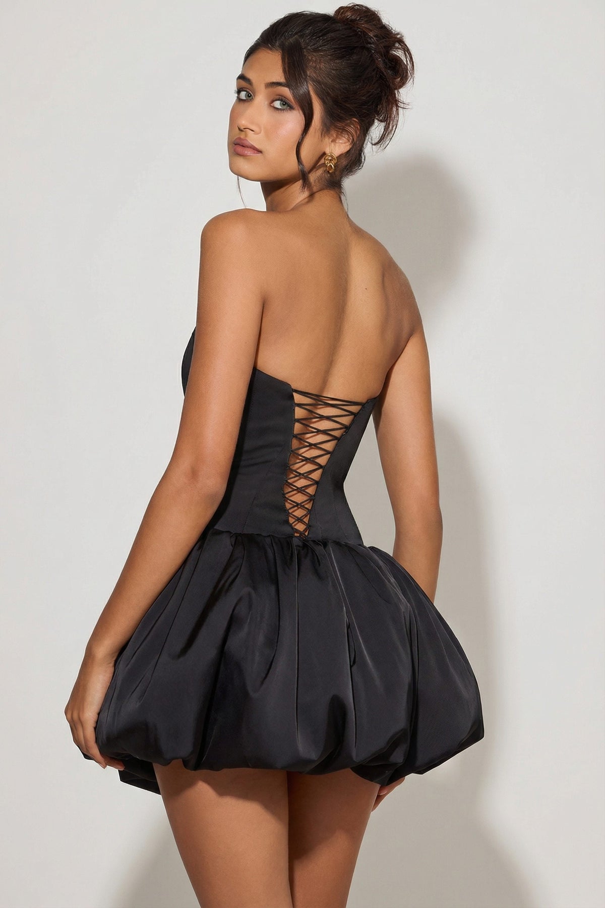 Lace-Up Bubble Hem Corset Micro Mini Dress in Black – view 2