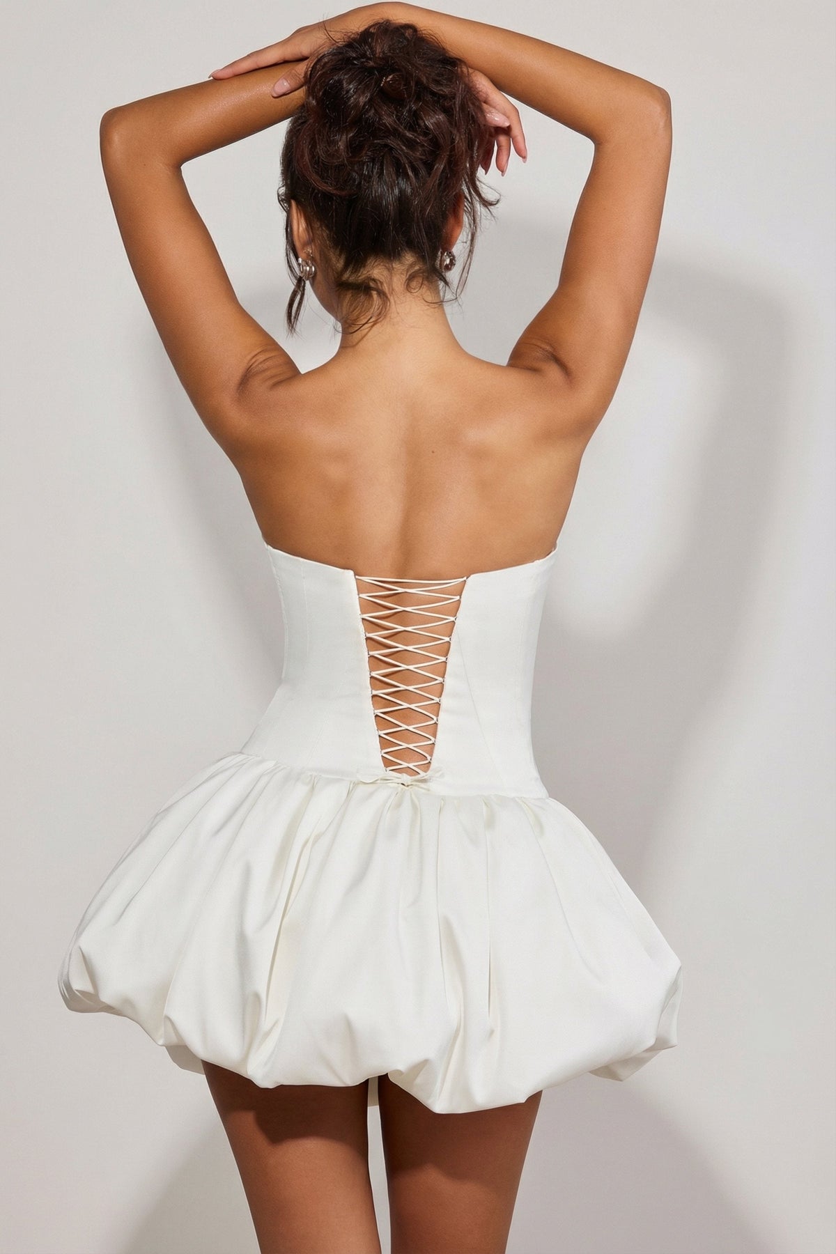 Lace-Up Bubble Hem Corset Micro Mini Dress in White – view 6