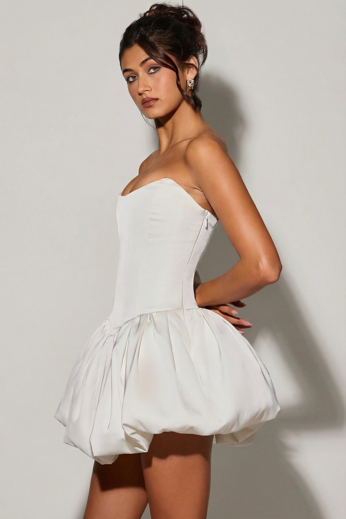 Lace-Up Bubble Hem Corset Micro Mini Dress in White – view 3