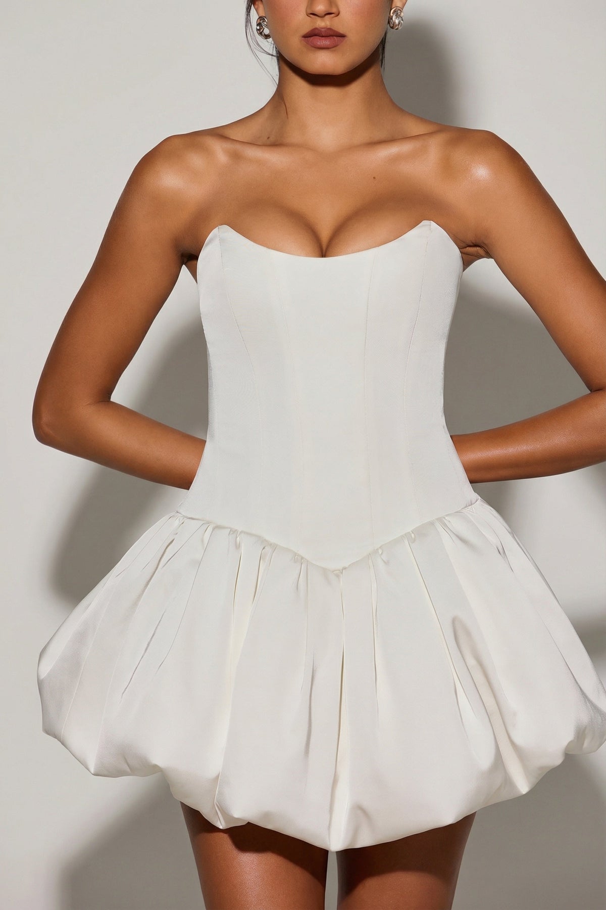 Lace-Up Bubble Hem Corset Micro Mini Dress in White – view 4