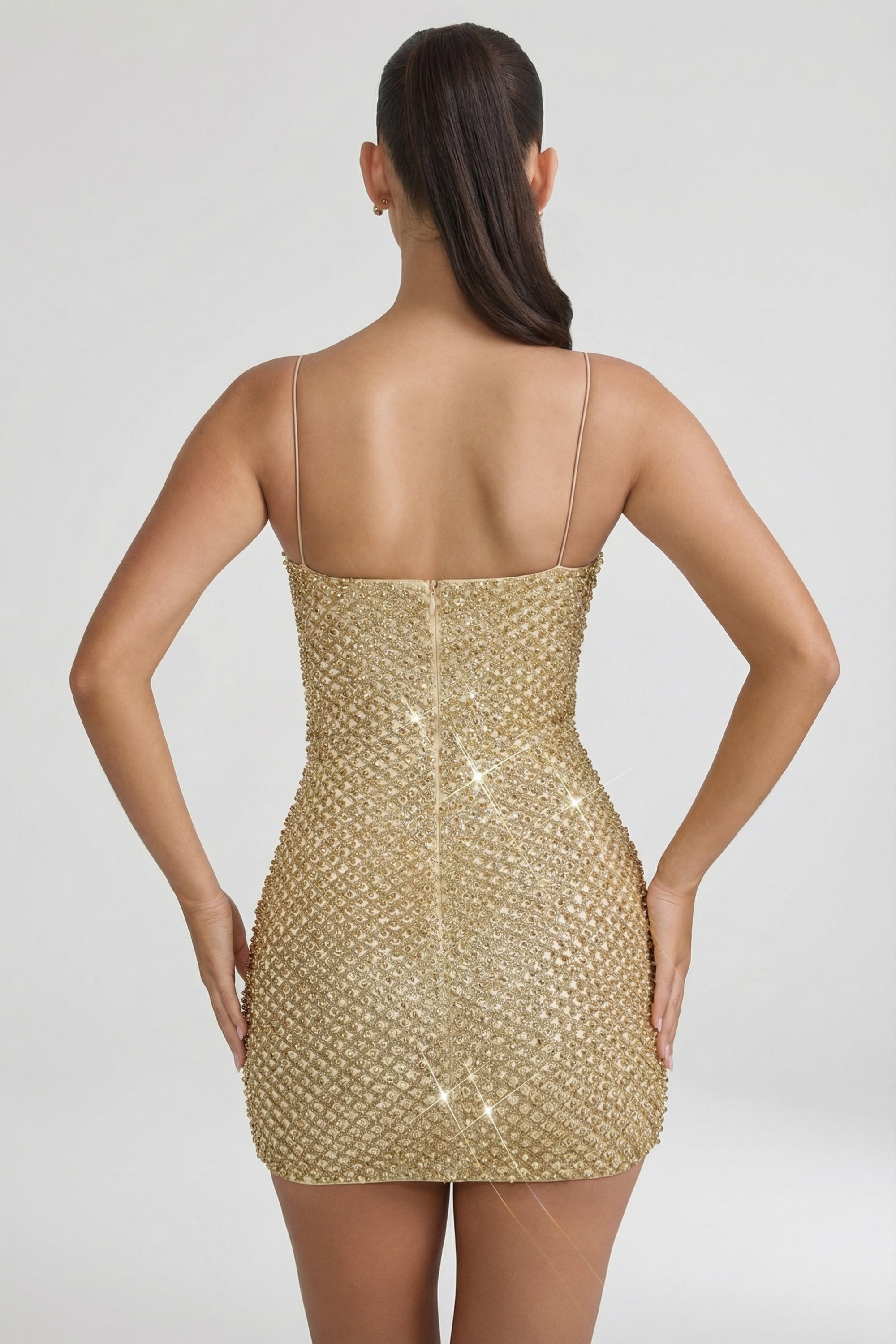 Embellished Sweetheart-Neck Mini Dress in Gold – view 2