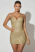 Embellished Sweetheart-Neck Mini Dress in Gold – view 1