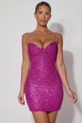 Embellished Sweetheart-Neck Mini Dress in Magenta – view 1