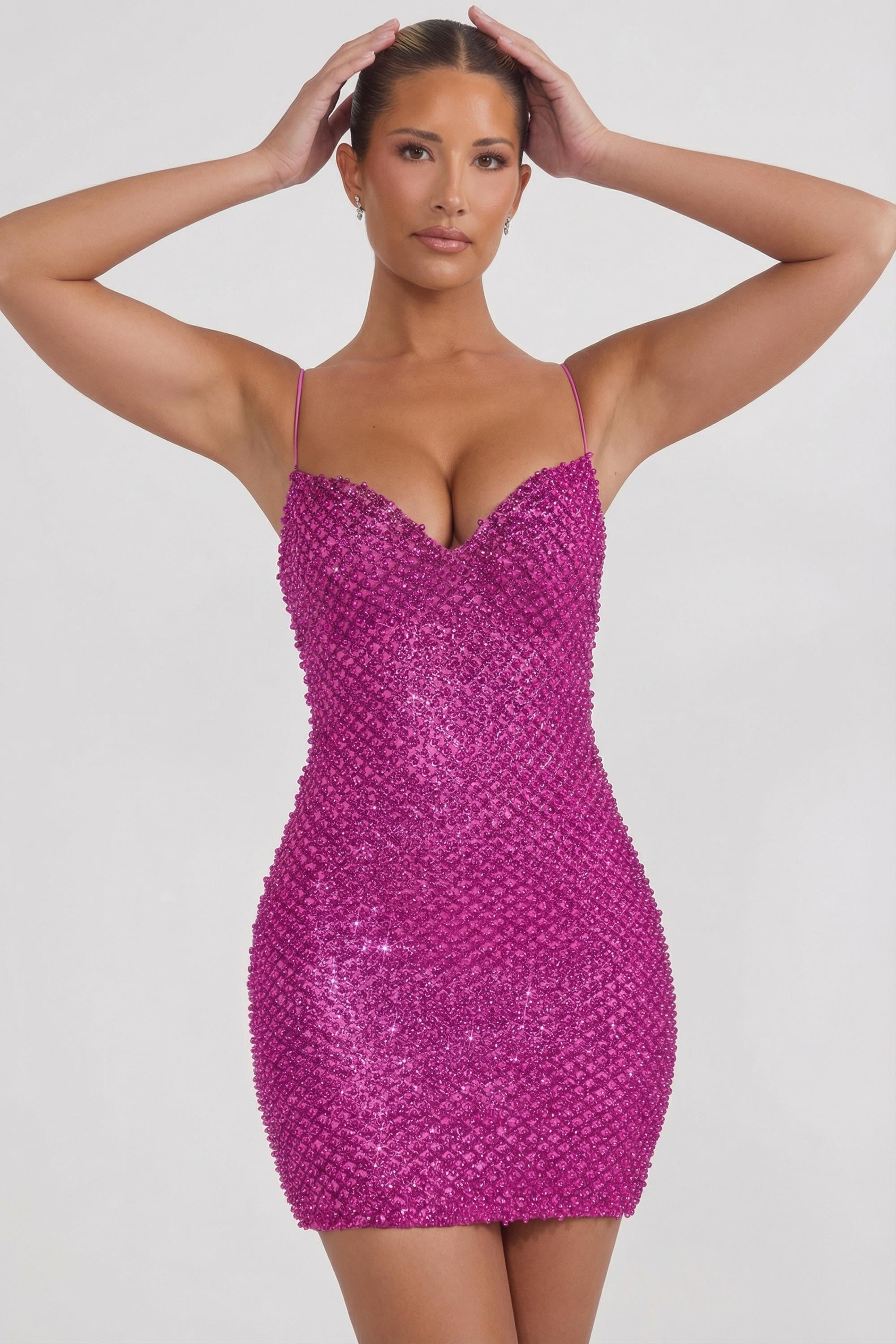 Embellished Sweetheart-Neck Mini Dress in Magenta – view 5