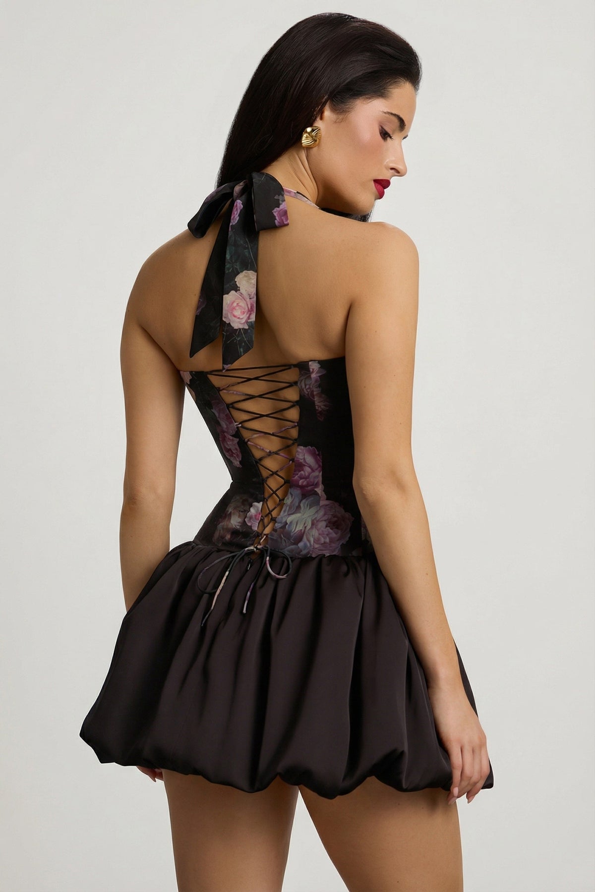Halterneck Lace-Up Bubble Hem Mini Dress in Black Floral Print – view 7