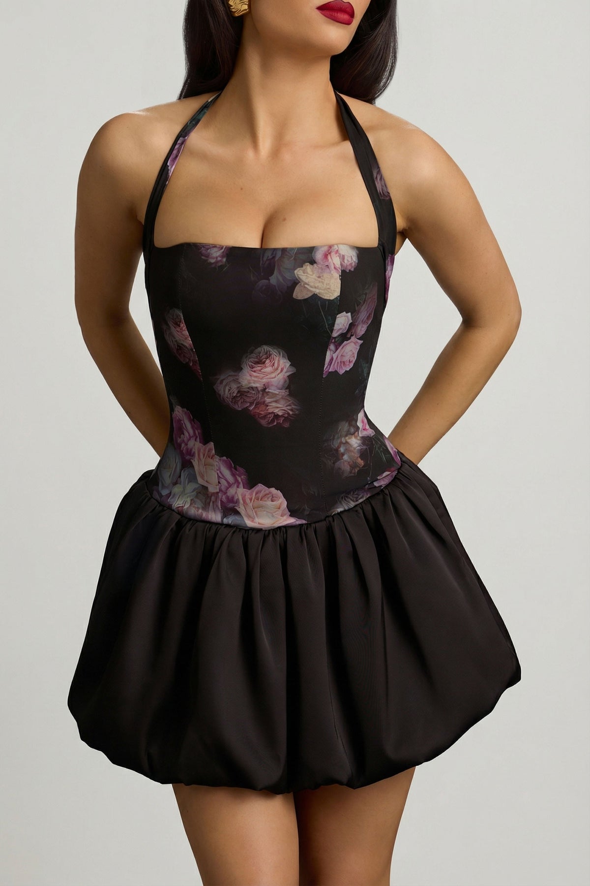 Halterneck Lace-Up Bubble Hem Mini Dress in Black Floral Print – view 5