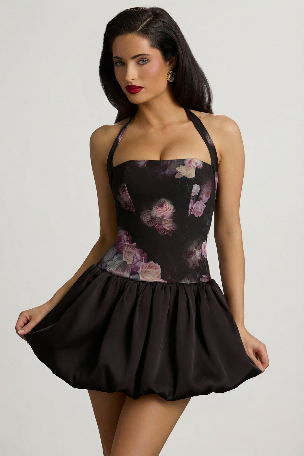 Halterneck Lace-Up Bubble Hem Mini Dress in Black Floral Print – view 2