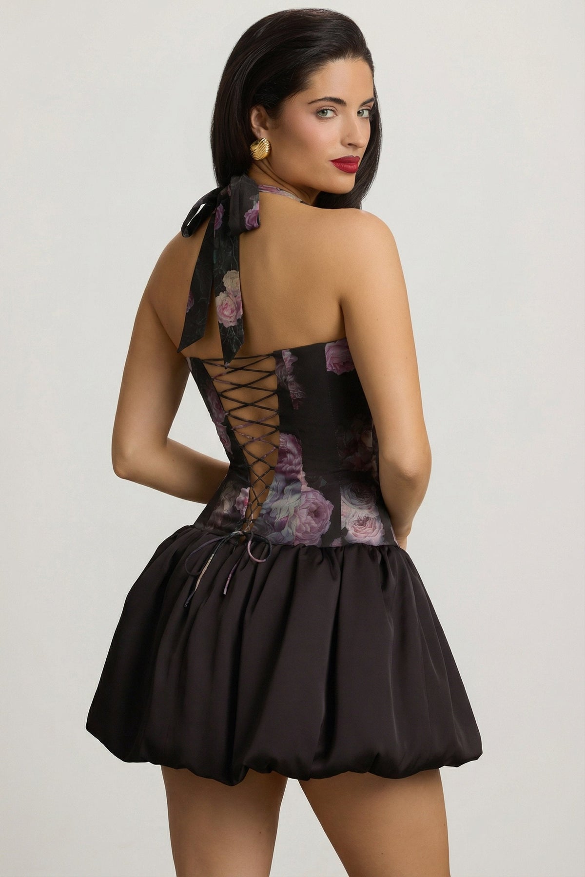 Halterneck Lace-Up Bubble Hem Mini Dress in Black Floral Print – view 3