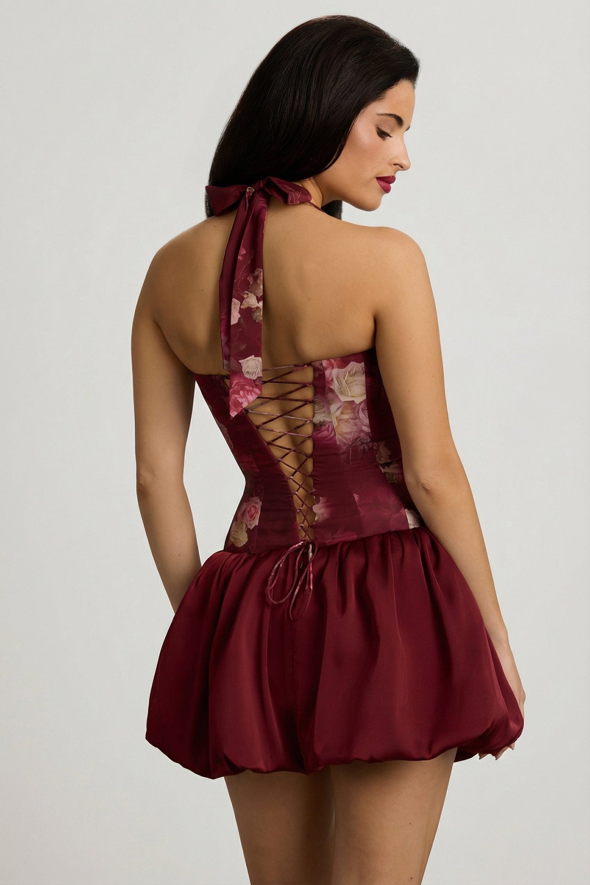 Halterneck Lace-Up Bubble Hem Mini Dress in Maroon Floral Print – view 8