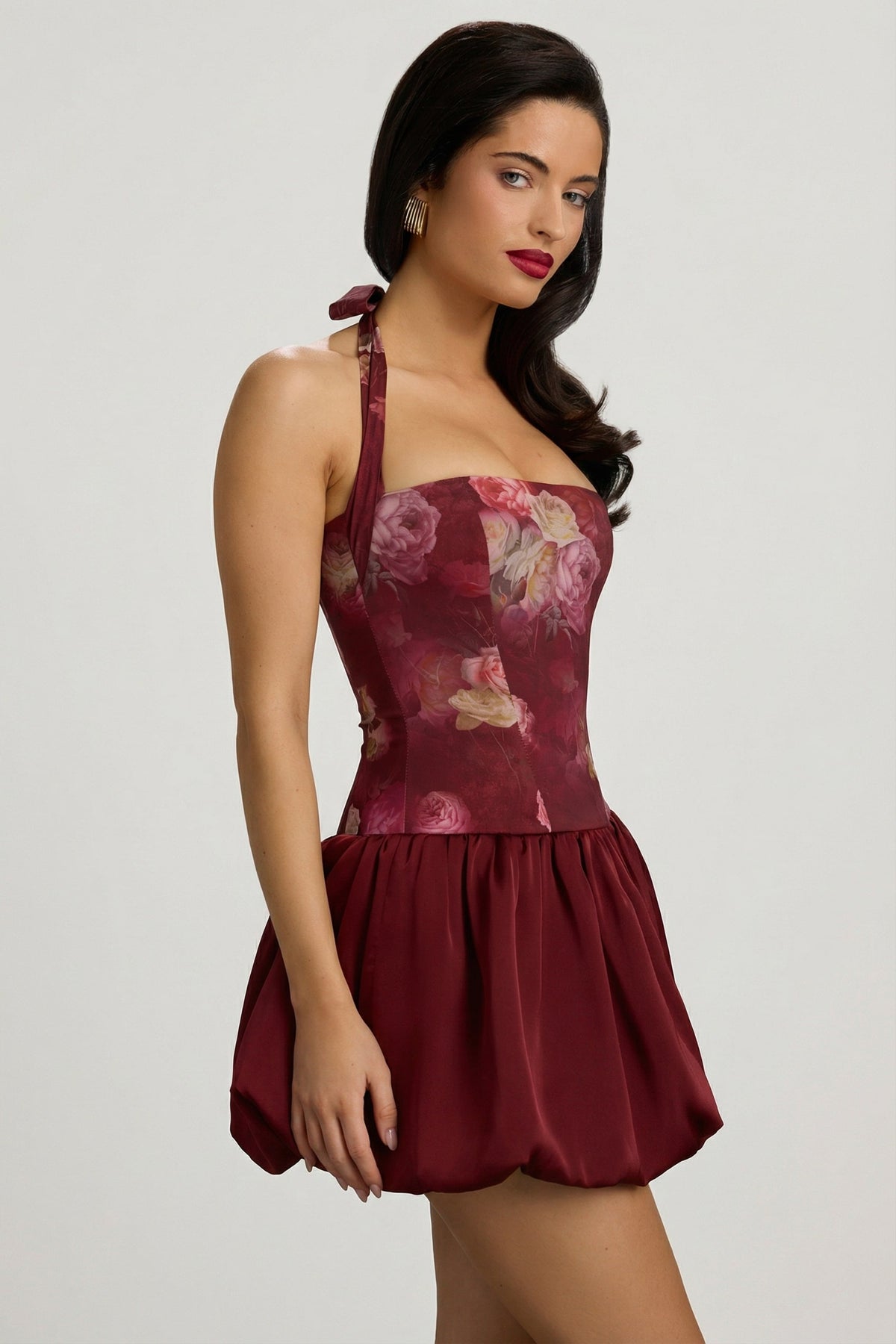 Halterneck Lace-Up Bubble Hem Mini Dress in Maroon Floral Print – view 4