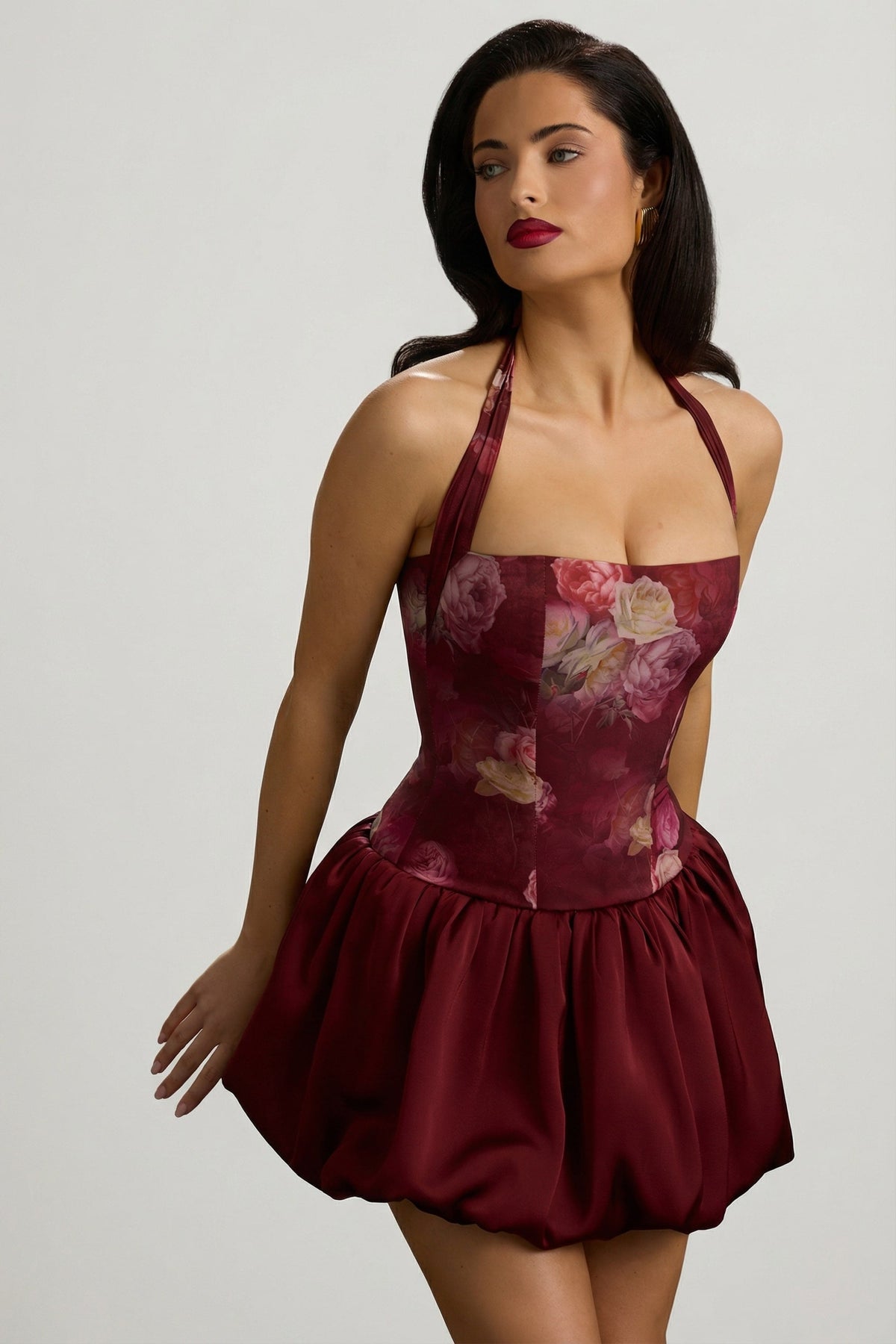 Halterneck Lace-Up Bubble Hem Mini Dress in Maroon Floral Print – view 7