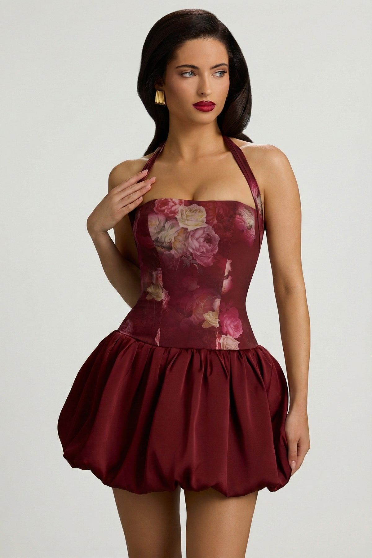 Halterneck Lace-Up Bubble Hem Mini Dress in Maroon Floral Print – view 2