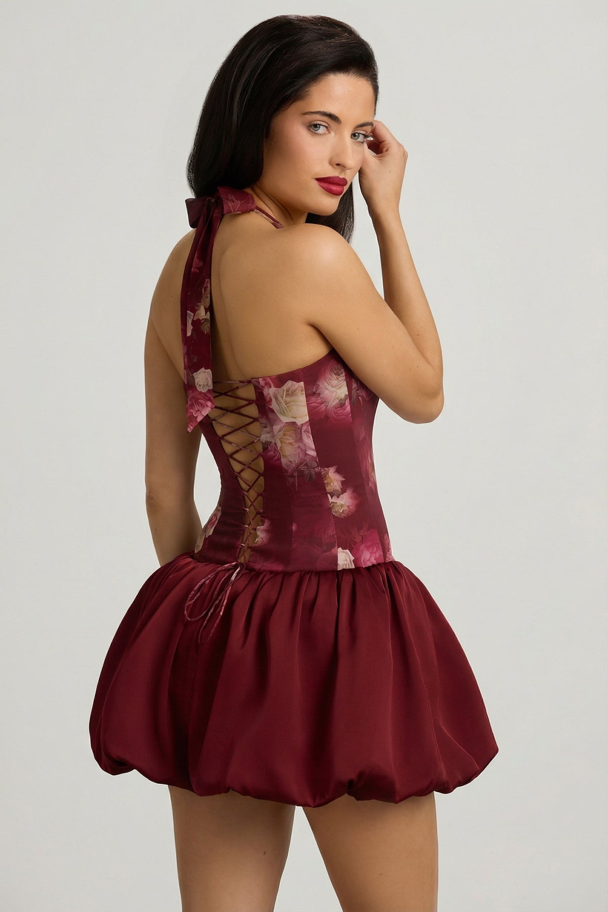 Halterneck Lace-Up Bubble Hem Mini Dress in Maroon Floral Print – view 3
