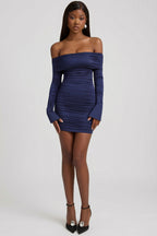 Bow-Detail Off-Shoulder Mini Dress in True Navy