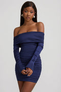 Bow-Detail Off-Shoulder Mini Dress in True Navy