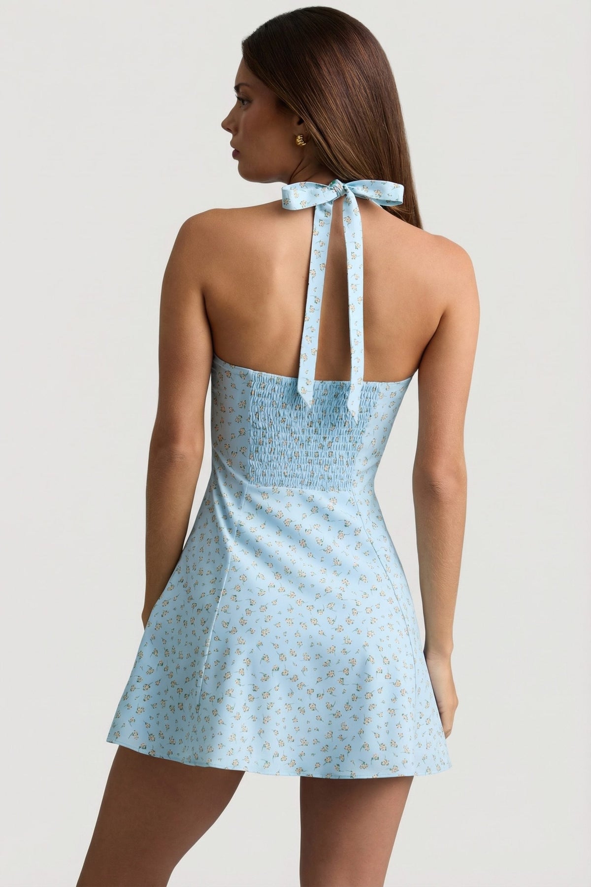 Halterneck A-Line Mini Dress in Blue Flower Print – view 6