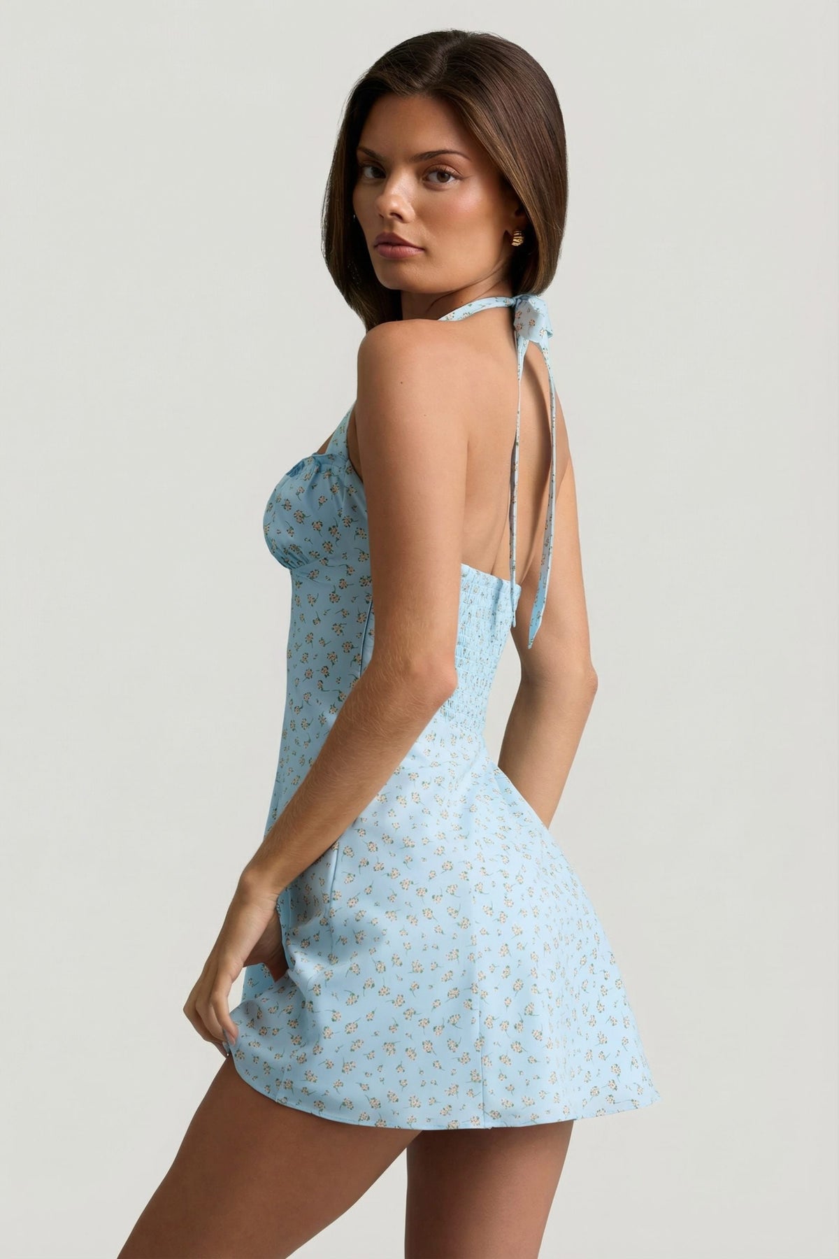 Halterneck A-Line Mini Dress in Blue Flower Print – view 2