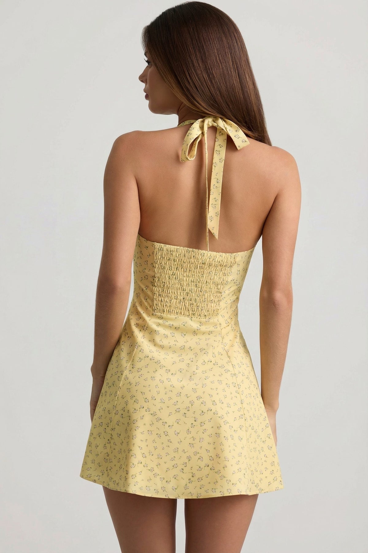 Halterneck A-Line Mini Dress in Yellow Flower Print – view 5