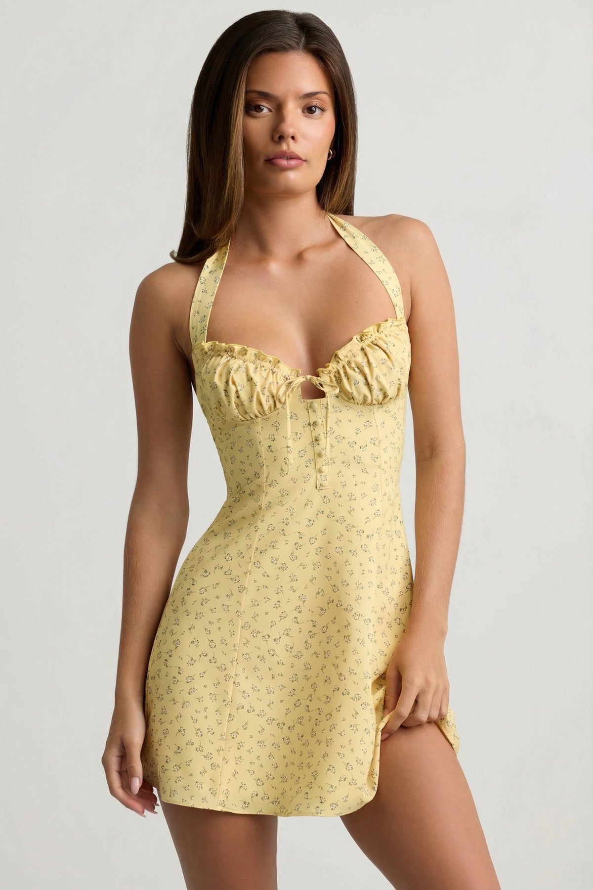 Halterneck A-Line Mini Dress in Yellow Flower Print – view 7