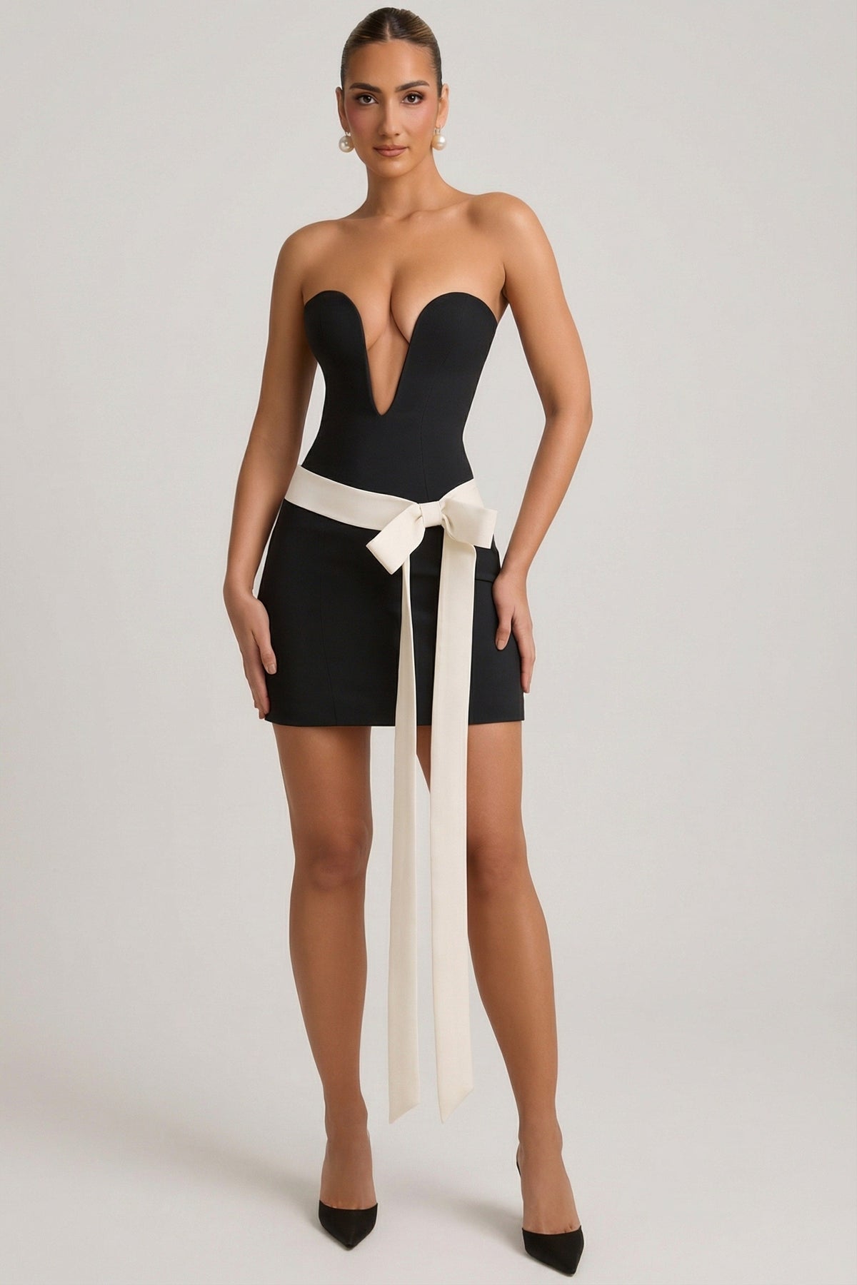Strapless Bow-Detail A-Line Mini Dress in Black – view 6