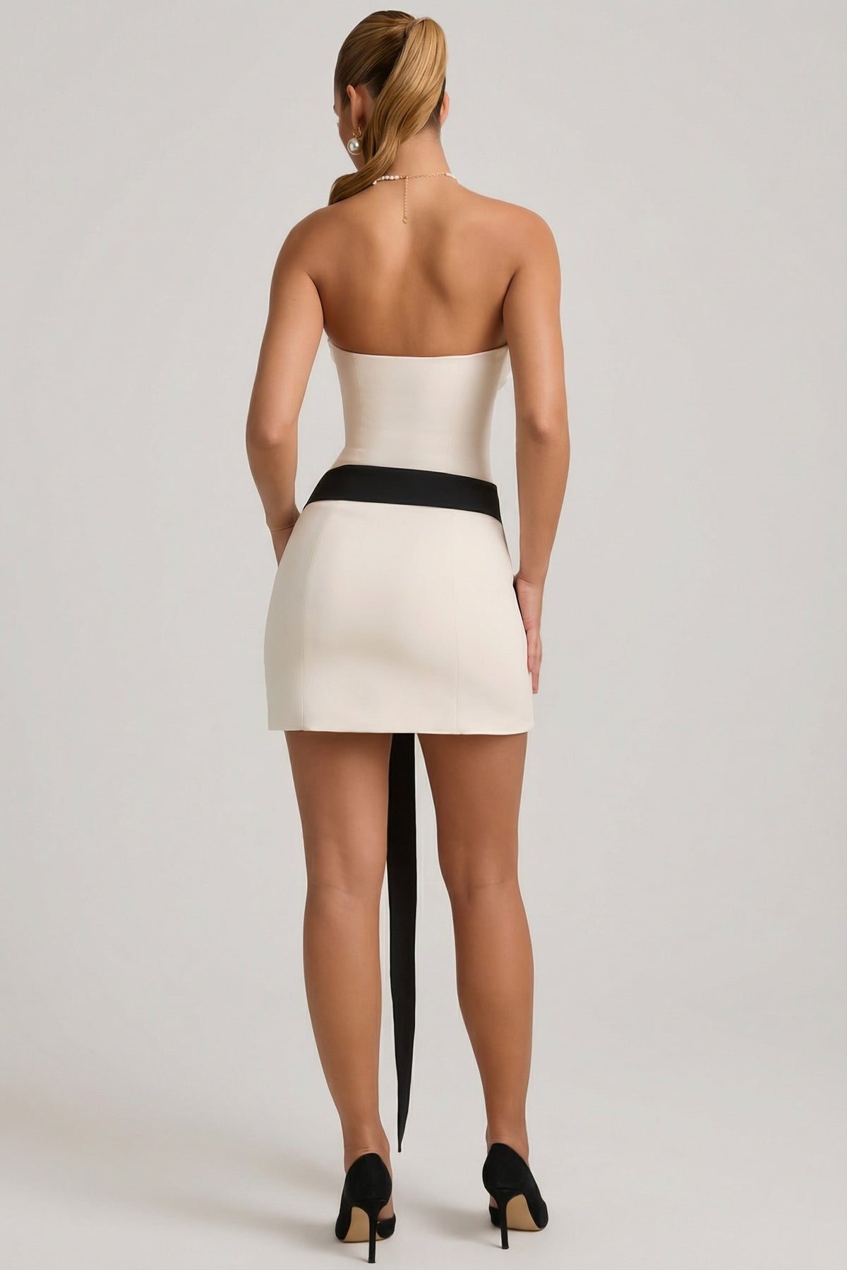 Strapless Bow-Detail A-Line Mini Dress in Ivory – view 2