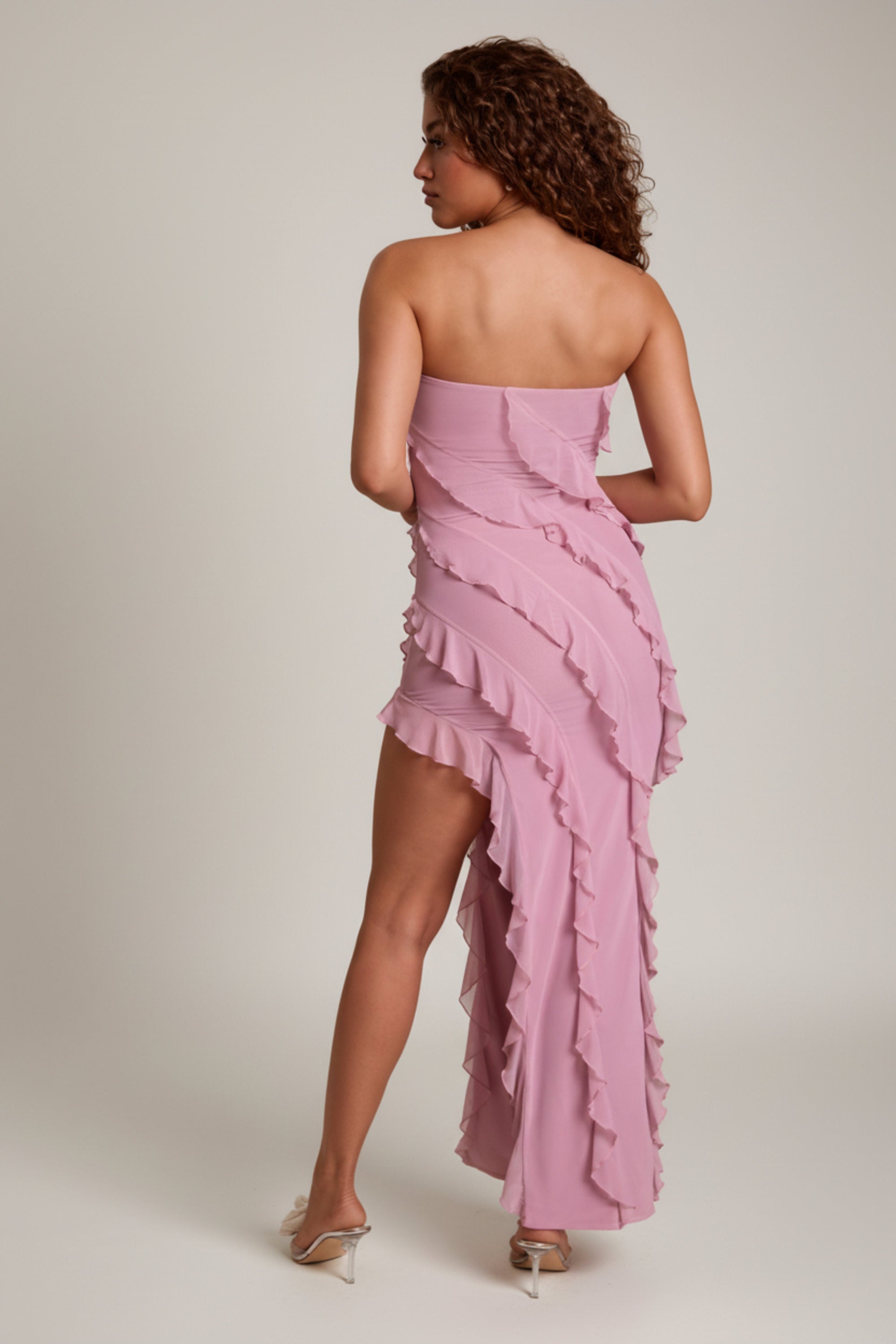 Bandeau Ruffle Detail Maxi Dress in Dusty Pink