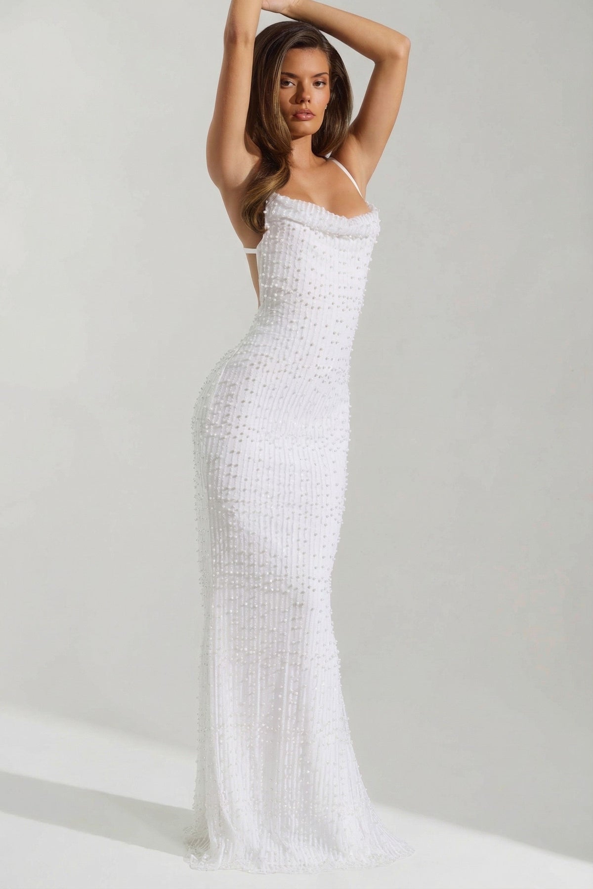 Embellished Cowl-Neck Backless Maxi Dress in White – view 5