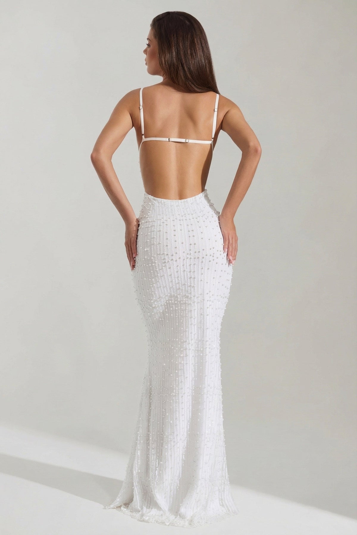 Embellished Cowl-Neck Backless Maxi Dress in White – view 2