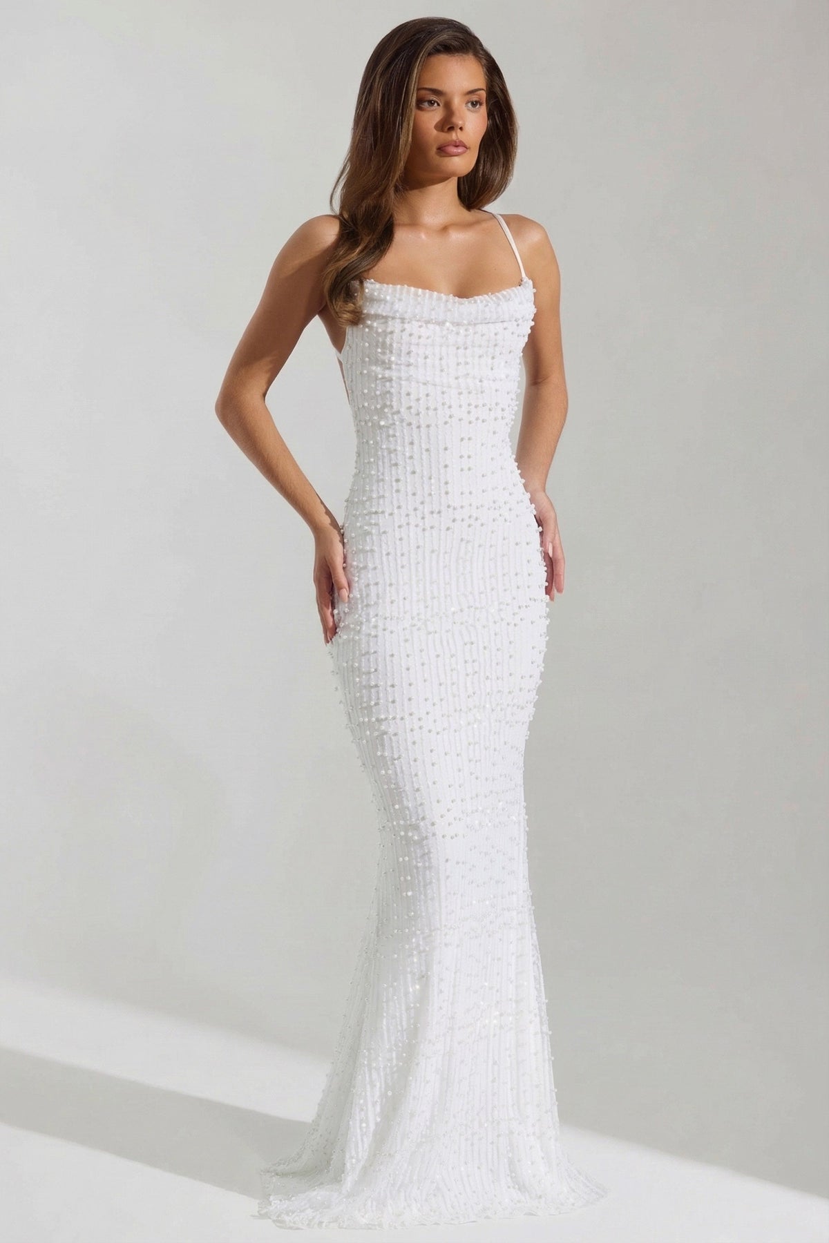 Embellished Cowl-Neck Backless Maxi Dress in White – view 6