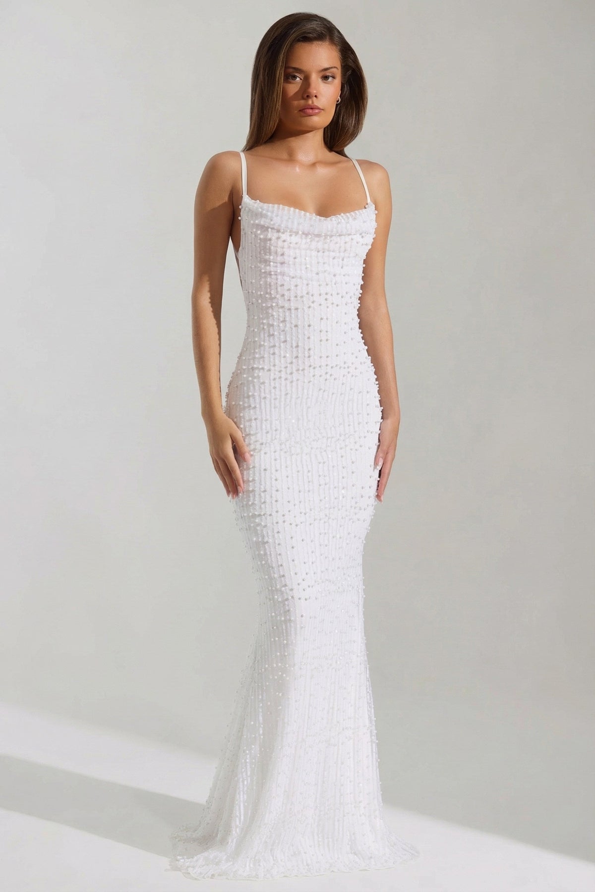 Embellished Cowl-Neck Backless Maxi Dress in White – view 1