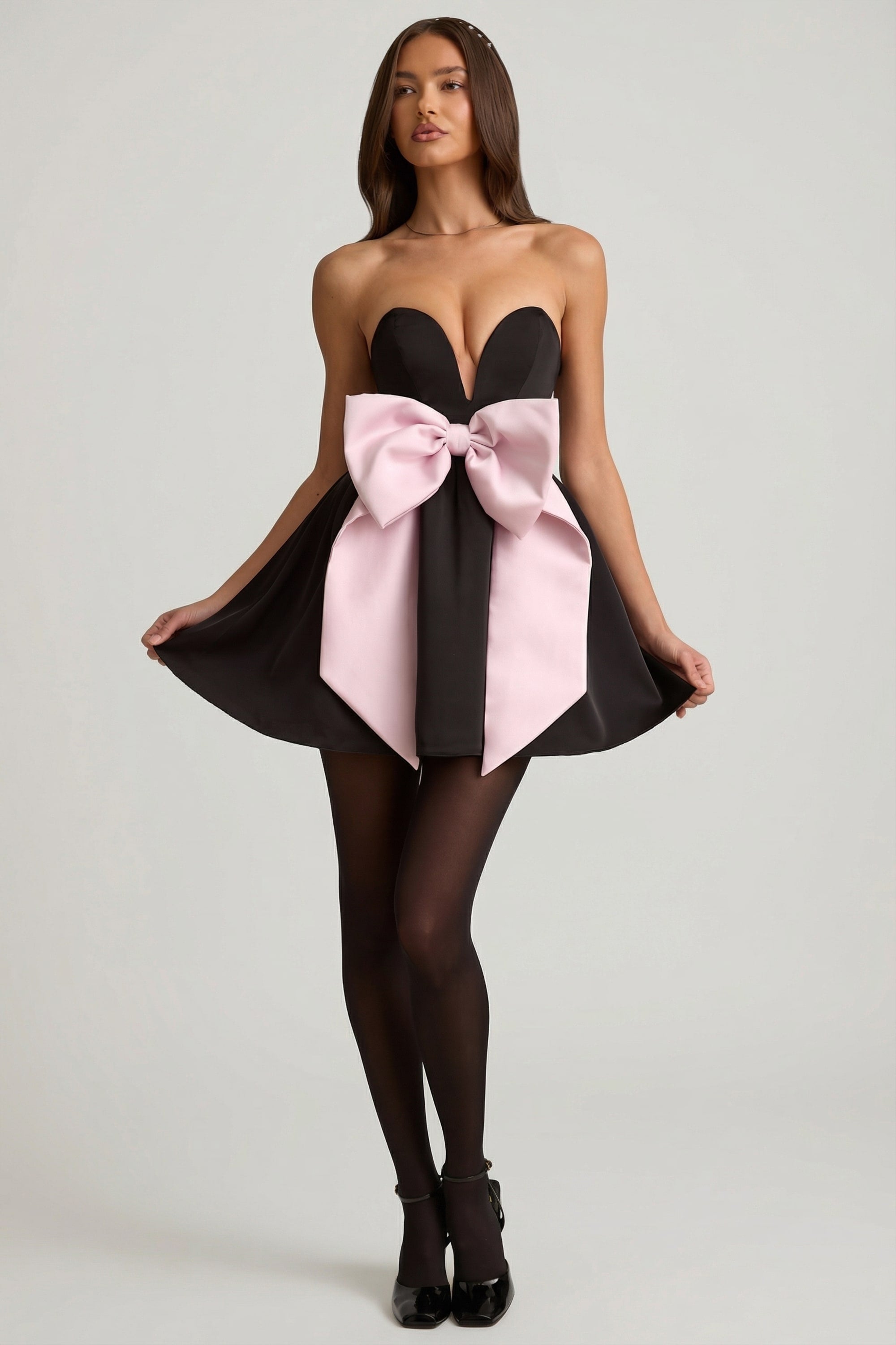 Bow-Detail Corset Mini Dress in Black