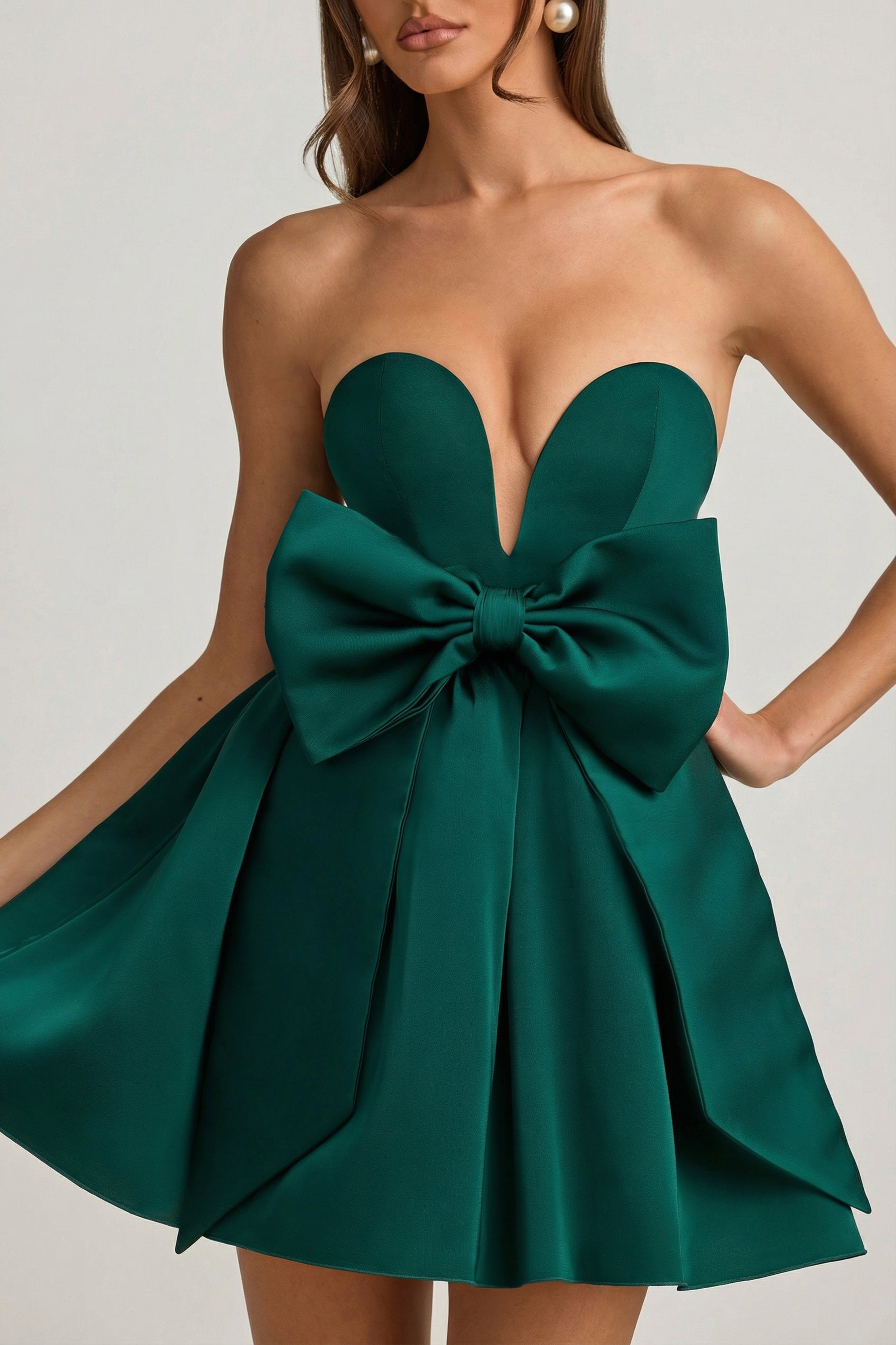 Bow-Detail Corset Mini Dress in Emerald Green