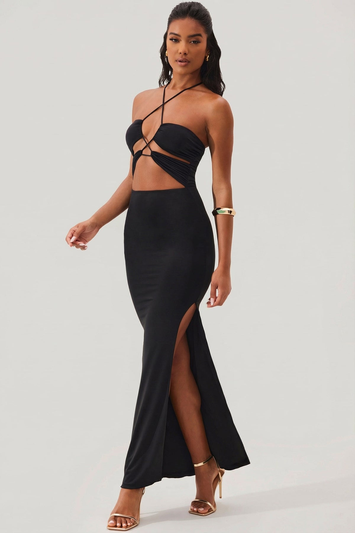 Cut Out Halter Neck Floor Length Maxi Dress in Black – view 7