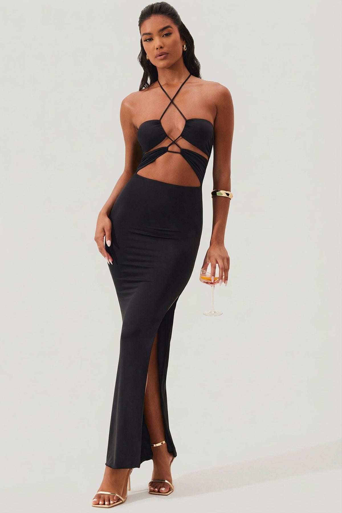 Cut Out Halter Neck Floor Length Maxi Dress in Black – view 9