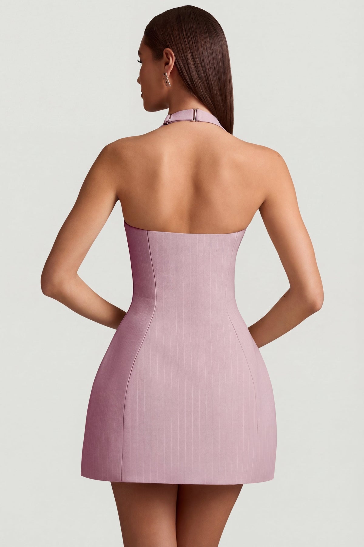 Pinstripe Halterneck Structured A-Line Mini Dress in Mauve – view 3