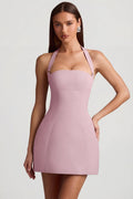 Pinstripe Halterneck Structured A-Line Mini Dress in Mauve – view 1