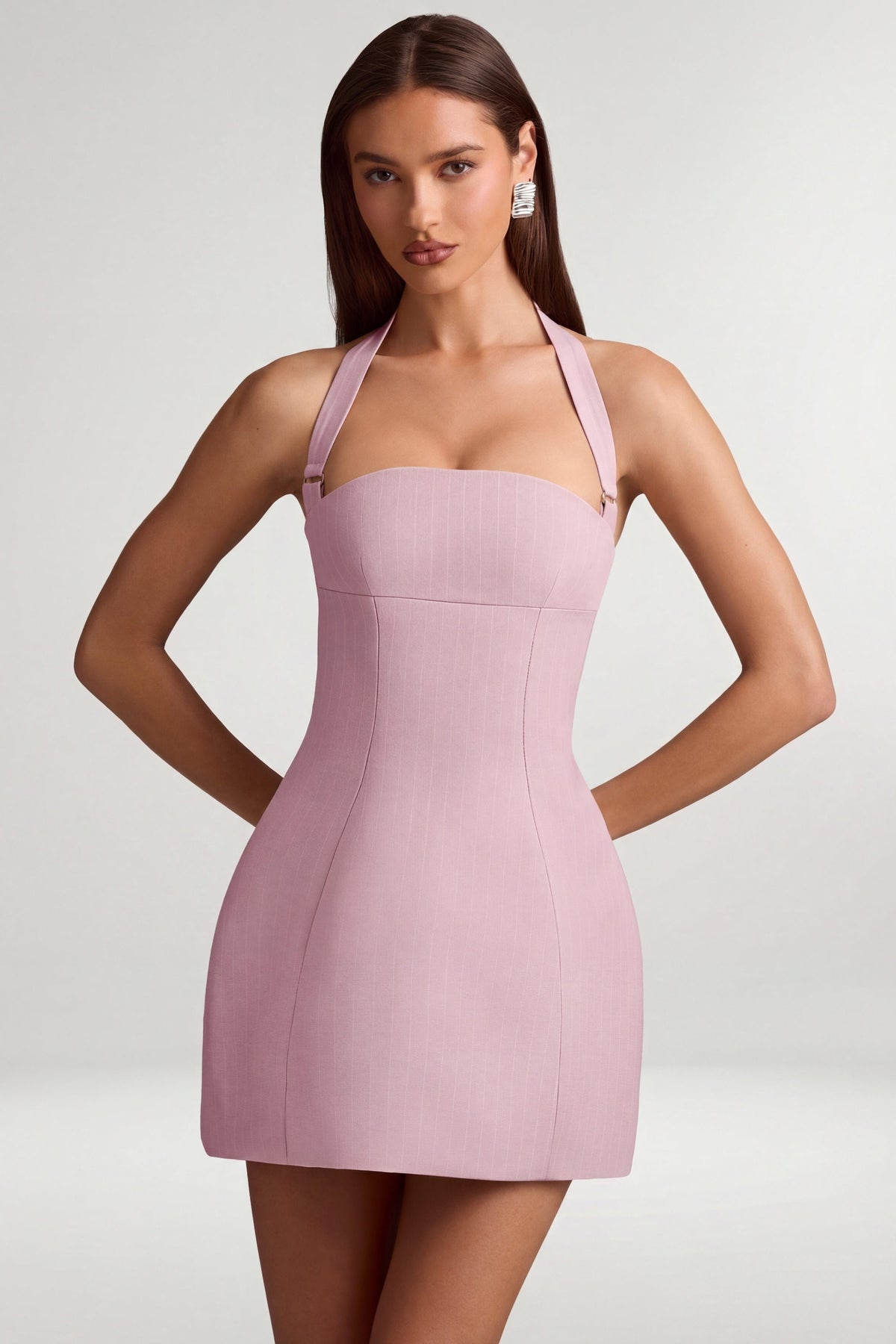 Pinstripe Halterneck Structured A-Line Mini Dress in Mauve – view 7