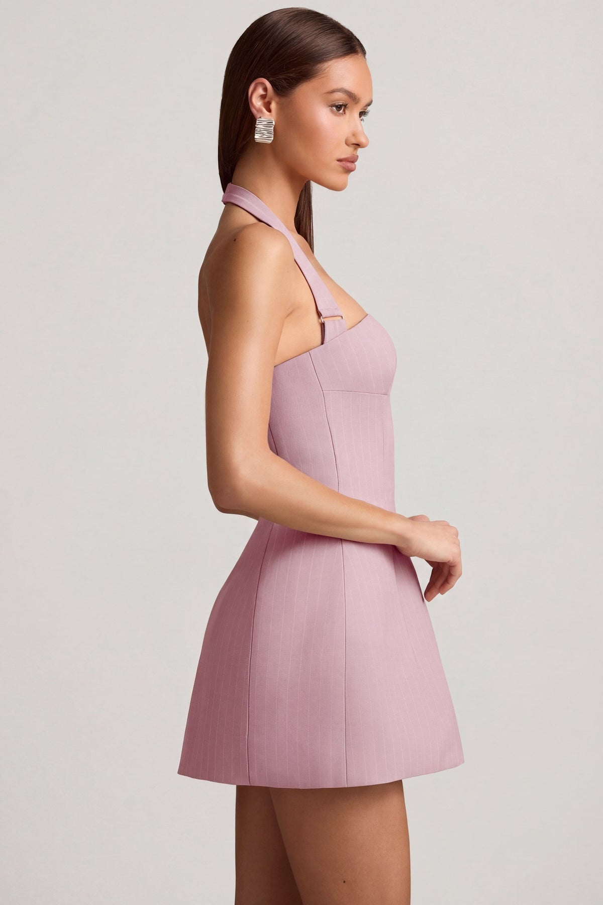 Pinstripe Halterneck Structured A-Line Mini Dress in Mauve – view 4